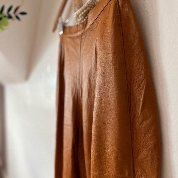 VINTAGE 80s S pleated leather carrot pants camel tan Made in France lined MINT - Picture 10 of 16
